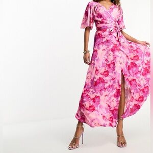 NEW Flounce London Flutter Sleeve Satin Wrap Maxi Dress-Pink-Size 6